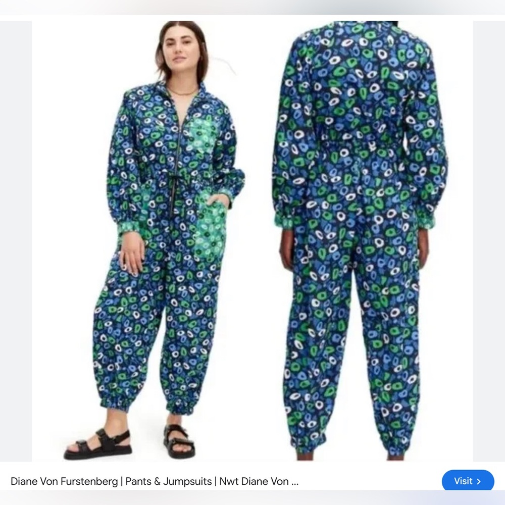 Diane Von Furstenberg Jazz Dot Green Blue Nylon Jumpsuit Jogger Women's Size Med